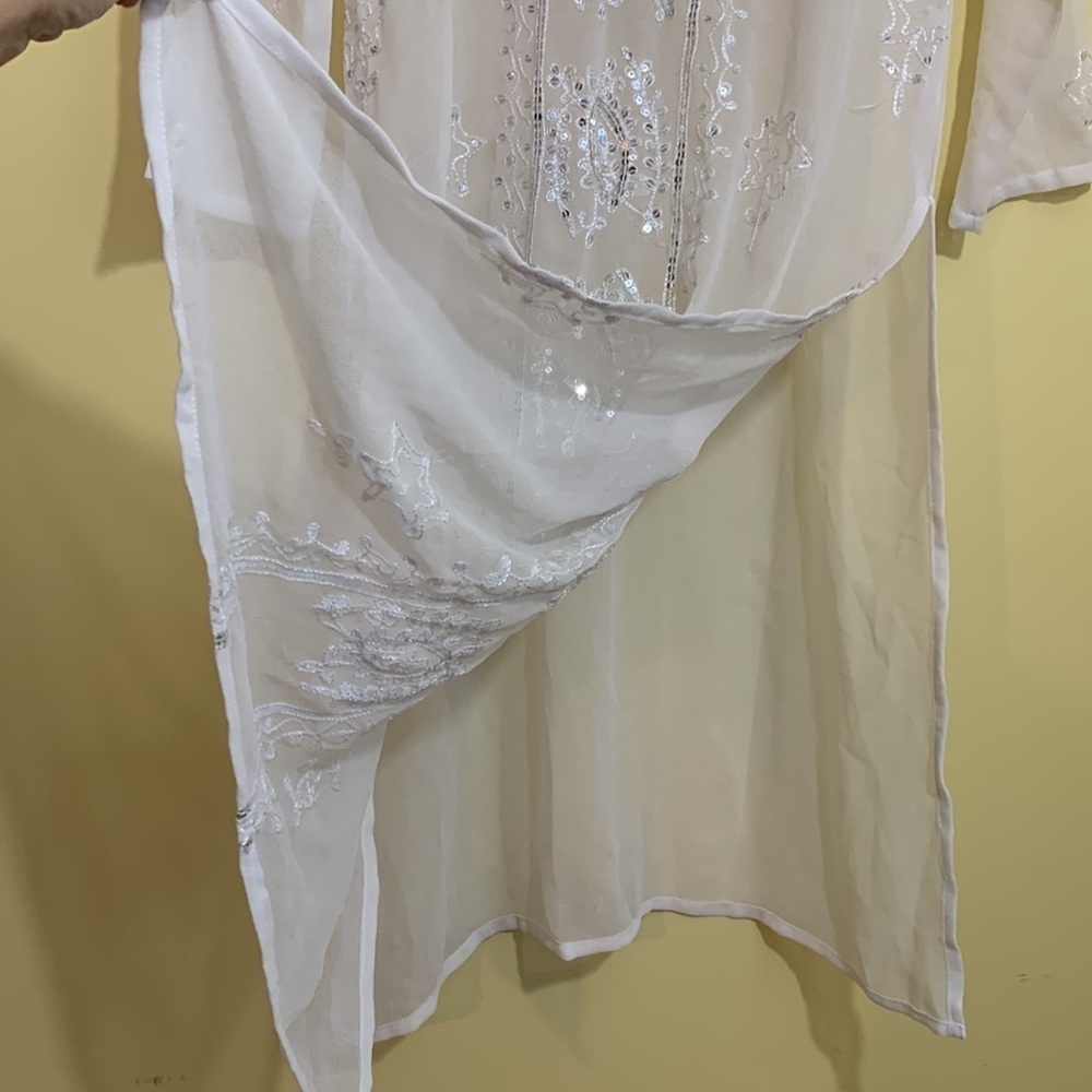 Tokyo Denem White Embroidered Sequin Sheer Long Sleeve Tunic Kimono Dress M - Picture 11 of 17